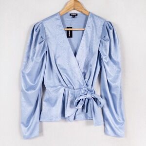 Express Top Blouse Womens XS Blue Satin Snakeskin Print Wrap Style Puff Sleeve